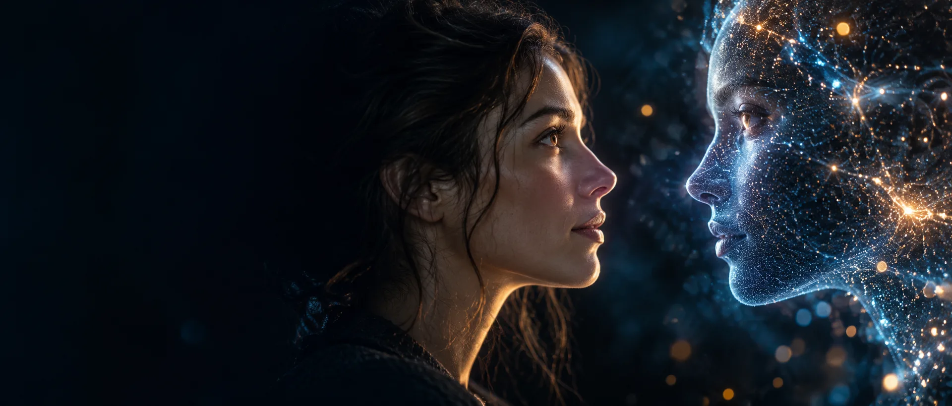 Human and luminous synthetic faces looking toward each other